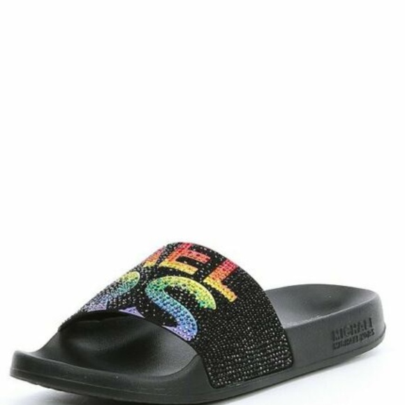 Michael Kors Gilmore Slides Black Rainbow Crystals - Picture 6 of 12